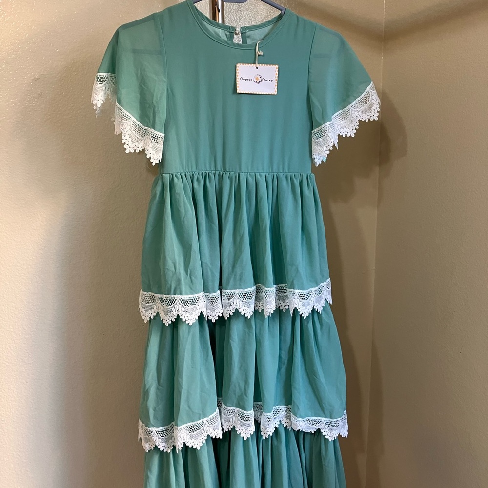Green Lace Trim Kids Dress